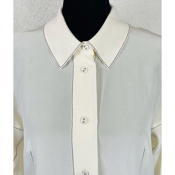 ALEXIS • 100% Silk White/Black Contrast Long Sleeve Button-Down Shirt, S - Picture 2 of 13